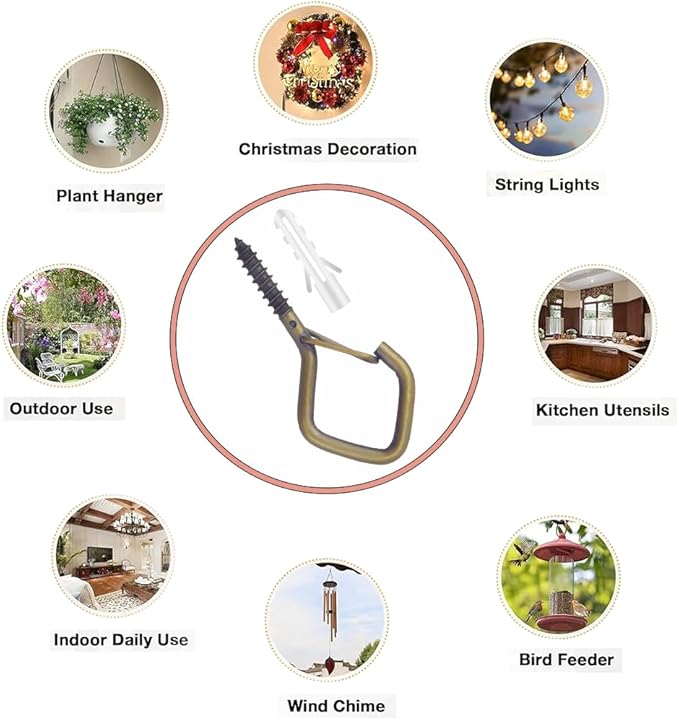 12-Pack Heavy-Duty Bronze Screw Eye Hooks with Safety Clips | Metal Ceiling Hooks for Hanging Plants, Wind Chimes, Bird Feeders & Indoor/Outdoor Lights