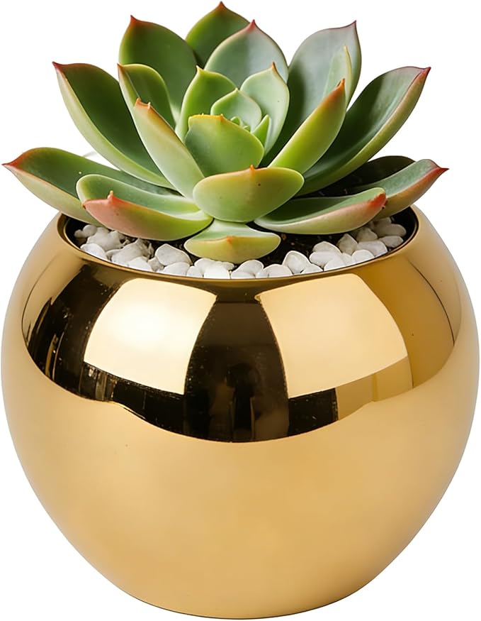 Gold Spherical Ceramic Plant Pots Succulent Small Planter Indoor Modern Round Decorative Indoor-Outdoor Garden Plant Pots with Drainage Holes - Plants Not Included 3.94 x 3.94 x 3.15 Inch