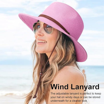 DRESHOW Women Straw Panama Hat Travel Fedora Beach Sun Hat Summer Wide Brim Straw Roll up Hat UPF 50+