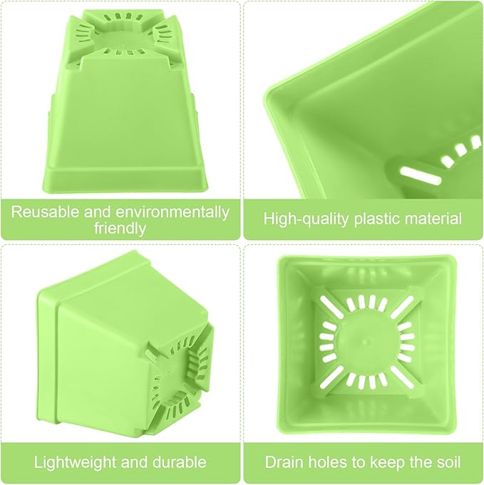 Amyhill 4 Inch Flower Pots Square Plants Nursery Pot Plastic Plant Seedling Pots Nursery Transplanting Planter Container with Saucer for Indoor Herbs Succulent Balcony Garden(Green,100 Pcs)