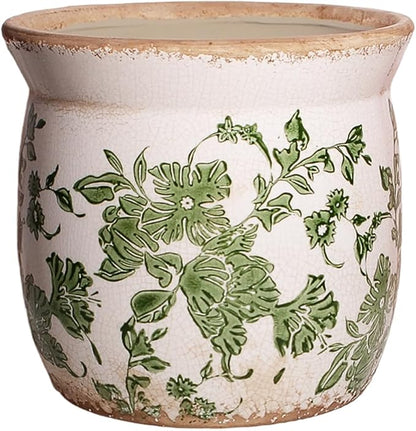 Vintage Farmhouse Ceramic Planter & Kitchen Utensil Holder - 6.21 Inch Tuscan Rustic Plant Pot with Drainage for Indoor/Outdoor Use, Garden & Home Decor, Unique Gift (Green Leaf)
