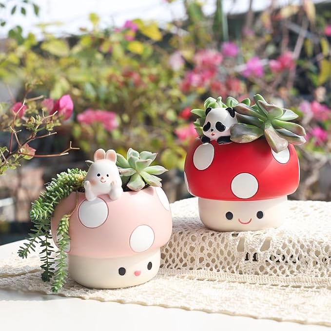 EOBTAIN Unique Mushroom Planter Pot Cute Animal Rabbit Pink Resin Succulent Small Pots for Indoor Plants Mini Cactus Planter Pots Living Room Office Table Decor,Mushroom Lover Gifts,4 Inch