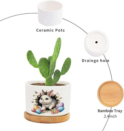 Cute Easter Bunny Break Through Eggs Ceramic Pots for Plants with Drainage Holes Round Flower Pot Bamboo Tray Orchid Pot Succulents Pots for Outdoor Indoor Plants