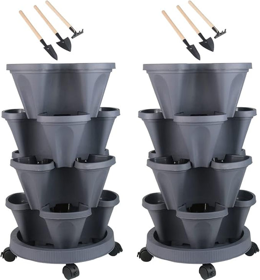 DUNCHATY Stackable Planter, Vertical Garden Planter with Wheels and Tools, Self Watering Strawberry Planter Indoor/Outdoor 4 Tier Herb Planter Pots for Growing Vegetables and Succulents, Dark Gray