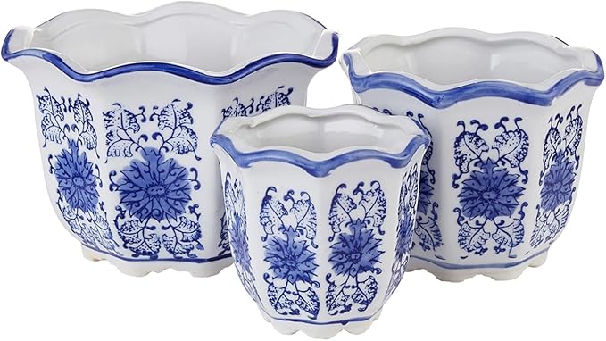 Ceramic Pots for Plants, Chinoiserie Décor Ceramic Flower Pots Planters for Indoor Plants with Drainage, Blue and White, Set of 3