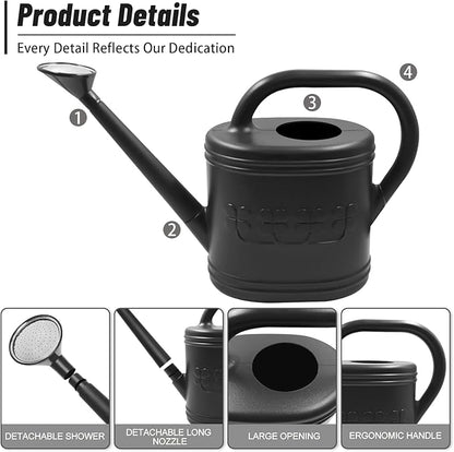 2 Gallon Watering Can, Outdoor Watering Can for Plants, Garden Water Can with Removable Long Spout and Stainless Steel Sprinkler Head, Large Water Can for Greenhouse (Black, 2 Gallon)