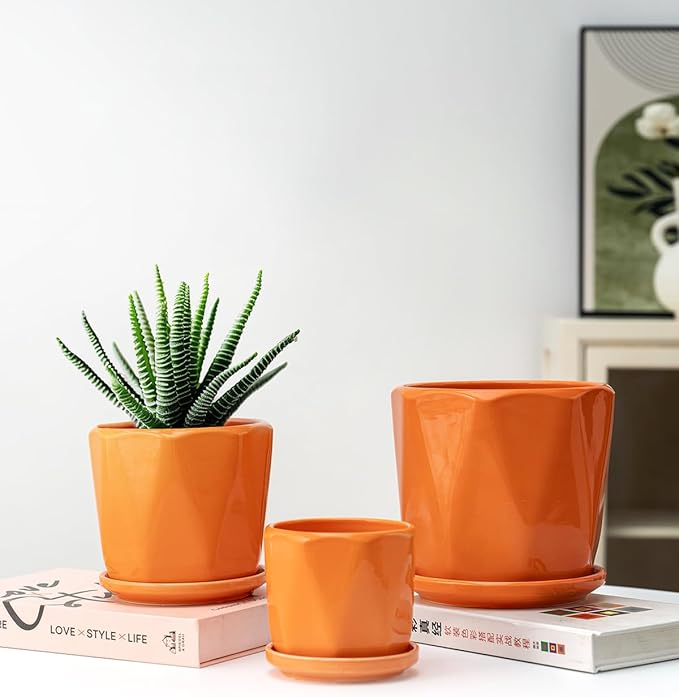 Ceramic Plant Pots, 6.7 + 5.3 + 3.9 Inch Octagon Pots for Plants, Flower Planters for Indoor with Drainage and Saucer Set of 3, Bright Orange
