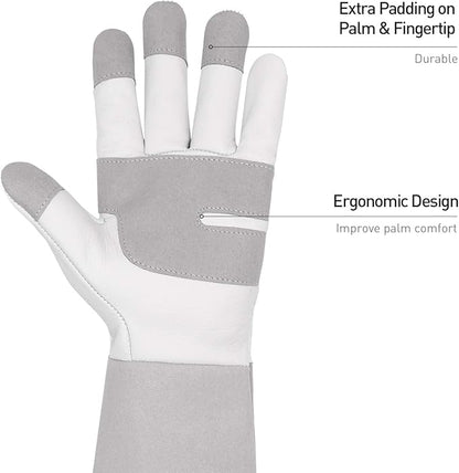 HANDLANDY Long Gardening Gloves for Men & Women, Thorn Proof Rose Pruning Gloves Leather Gauntlets Garden Glove Yard Work Glove (Small, Grey)