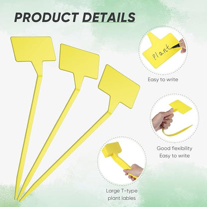 Yinkin 100 Pcs Large Plant Label Signs 11.8 Inch Plant Markers Plastic Garden Label Stakes Waterproof T Type Tags Nursery Garden Signs with Marker Pen for Flower Herb Pot(Yellow)