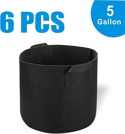 Garden Plant Bags / 6-Pack 5 Gallon Plant Grow Bags - Heavy Duty Thickened Non-Woven Aeration Fabric Pots with Strap Handles(Black) (5 Gallon)