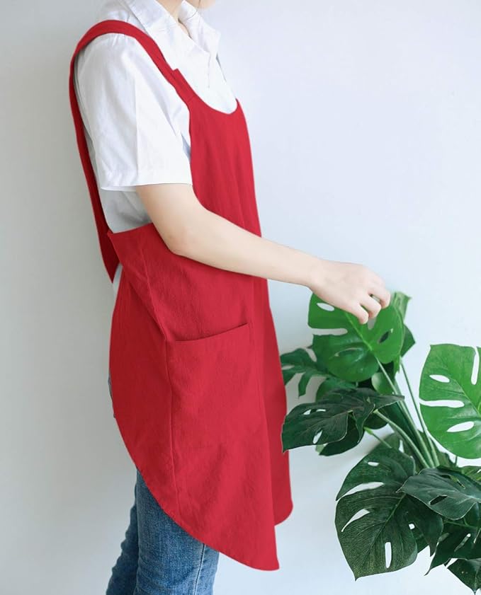 NEWGEM Japanese Linen Cross Back Cooking Aprons for Women Men with Pockets Cute for Baking Kitchen