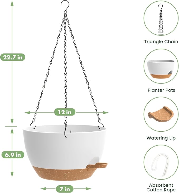 2 Pack 12 Hanging Flower Pots with Chains Self Watering Plastic Planters for Indoor Outdoor Plants, Sturdy Triangular Iron Chain Design for Garden PorchPlastic hanging flower pots (2, White-brown)