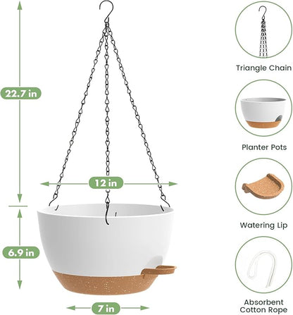 2 Pack 12 Hanging Flower Pots with Chains Self Watering Plastic Planters for Indoor Outdoor Plants, Sturdy Triangular Iron Chain Design for Garden PorchPlastic hanging flower pots (2, White-brown)