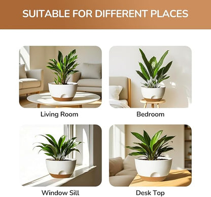 12 Inch Large Self Watering Pots, 2 Pack Plant Pots with Drainage Holes and Saucers, Self Watering Planter for Indoor Outdoor Garden Plants and Flowers (White)