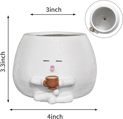Smily Face Planter Pot with Coffee Cup Cute Resin Flower Head Planters for Indoor Outdoor Unique Sit Succulent Pots with Drainage Hole Gift IdeaI for Mother Christmas (White)
