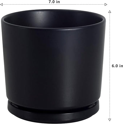 Ekirlin 7 inch Plant Pots,Ceramic Flower Planters Indoor,Modern Succulents Containers with Drain Hole Saucer,Decorate Home,Office & Outdoor (Black)