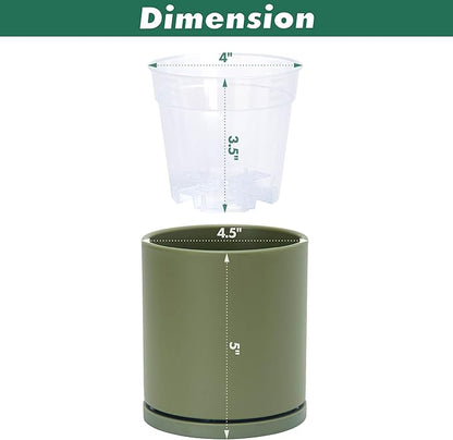 D'vine Dev Double-Layer Planter Set – Rotating Plastic Cachepot with Clear Inner Liner for Root Health, Perfect for Indoor Plants, 4.5", Olive, 73-U-C-1