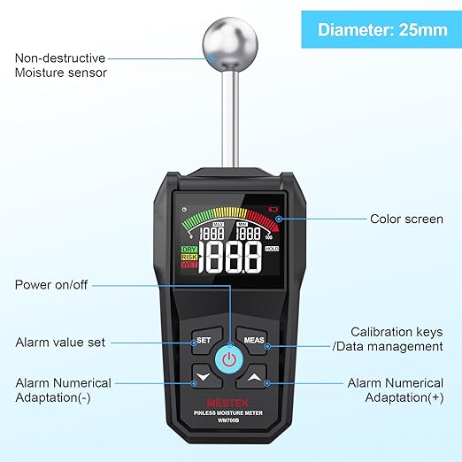 MESTEK Pinless Moisture Meter for Wood, Walls & Drywall, Digital Moisture Detector, Concrete Moisture Meter & Firewood Reader, Detects up to 40mm Below Surface with 3-Color LCD Display, Audible Alarm