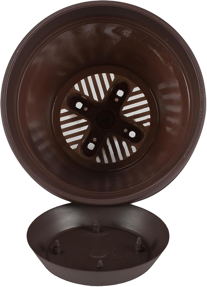 The HC Companies Infinity Round Planter Decorative 8 Inch Plastic Flower Pot w/Removable Saucer for Indoor & Outdoor Plants, Chocolate