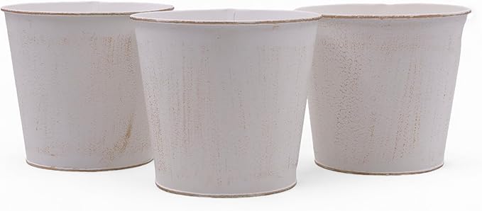 Hosley Set of 3 White Wash Finish Bucket/Pots with PVC Liner, 5" Dia x 4.75" H Ideal Gift for Floral Arrangements Wedding Home Office Party DIY Indoor Outdoor Garden Patio