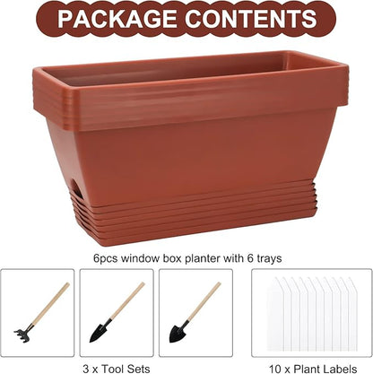 Window Box Planter, 6 Packs 17 Inches Rectangle Planters Box with Drainage Holes and Trays, Vegetable Planters for Windowsill Patio Garden Home Decor Porch Yard Red