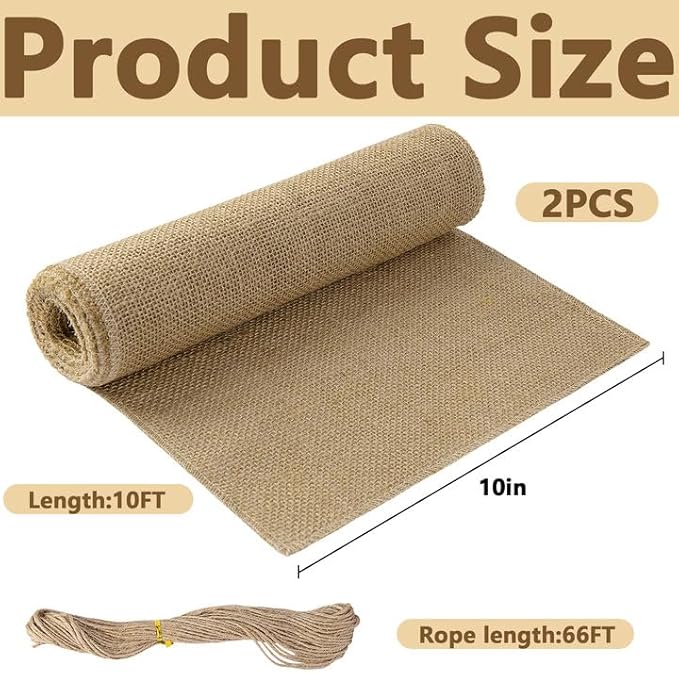 2 Rolls Natural Burlap Tree Wrap Rolls- 10in x 10ft Burlap Fabric Tree Trunk Protector- Burlap Plants Wrap Bandage with Ropes- Frost & Freeze Protection Cloth for Winter Outdoor Trees, Shrubs, Plants