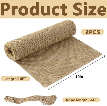 2 Rolls Natural Burlap Tree Wrap Rolls- 10in x 10ft Burlap Fabric Tree Trunk Protector- Burlap Plants Wrap Bandage with Ropes- Frost & Freeze Protection Cloth for Winter Outdoor Trees, Shrubs, Plants