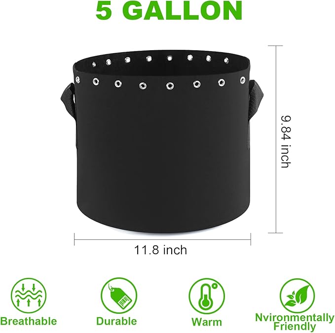 5 Gallon Plant Grow Bags 5-Packs with Holes,Thichkened Non-Woven Aeration Fabric Pots with Handles - Reinforced Weight Capacity