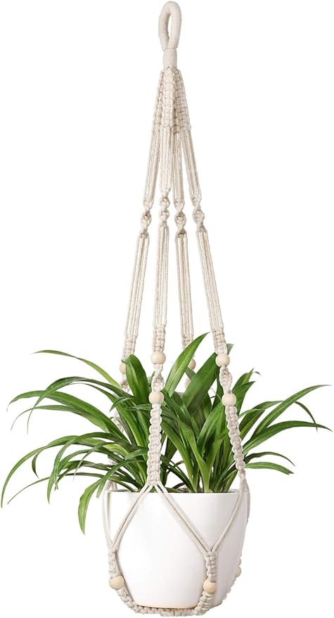 Mkono Set of 2 Macrame Plant Hanger 35 Inch and 43 Inch Indoor Hanging Planter Basket with Wood Beads Decorative Flower Pot Holder No Tassels, Ivory (POTS NOT Included)