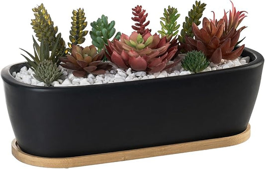 MyGift 14 Inch Oval Modern Matte Black Ceramic Succulent Planter Pot with Drainage Hole and Removable Bamboo Saucer, Decorative Indoor House Plant Container for Flowers, Cactus, Herbs