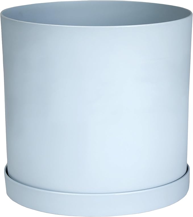 Bloem Mathers 10" Misty Blue Round Modern Resin Garden Planter Pot with Drainage Holes and Removable Saucer Tray Included