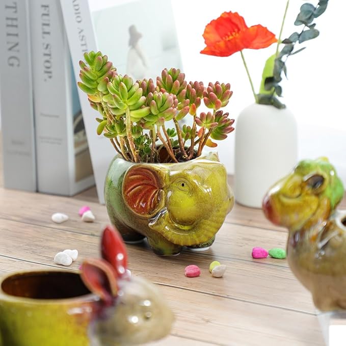 WAIT FLY Cute Animal Ceramic Flower Pot Succulent Planter-Elephant