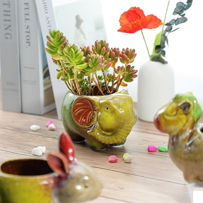 WAIT FLY Cute Animal Ceramic Flower Pot Succulent Planter-Elephant