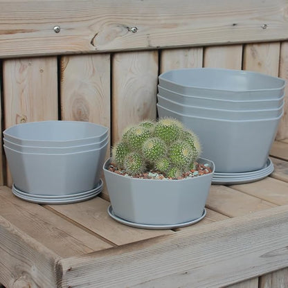 BangQiao 8 Pack 8.00 inch and 5.90 inch Gray Plastic Shallow Plant Pot, Octagon Bowl Planter Container with Pot Tray for Succulents, Cactus