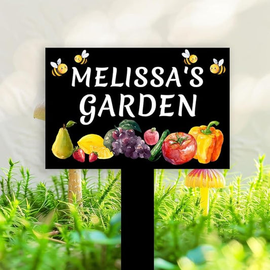 Personalized Bees Fruits Vegetable Garden Sign with Stake, Custom Metal Orchard Sign for Outdoor Farmhouse Yard Decor Lawn Art Housewarming Gift, Customized Vegetable Garden Stake Signs