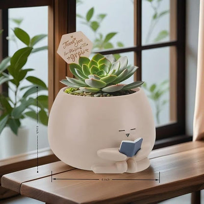 Bookworm Planter Pot - Cute Plant Pots for Succulents with Thank You Sign & Card, Resin Reading Planter for Indoor Outdoor Decor, Succulent Gifts for Book Lovers, Teacher Mom Dad Appreciation
