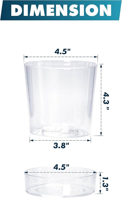 Phoenix Vine 4.5 Inch Clear Acrylic Planter Pot with Tray, Orchid Pot with Drainage Holes, Deep Saucer for Bottom Watering, Transparent Containers for Indoor Plants, Herbs, Set of 4, 91-A-E-4