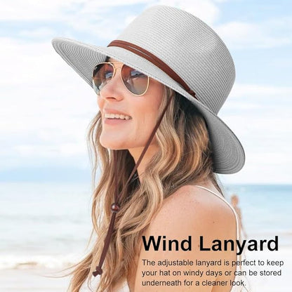 DRESHOW Women Straw Panama Hat Travel Fedora Beach Sun Hat Summer Wide Brim Straw Roll up Hat UPF 50+