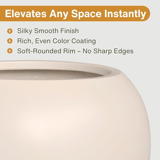 9.7" H x 12" D Globo Fiberstone Round Planter with Drainage Hole, Smooth Finishes, Weather Resistant for Indoor and Outdoor Use, Included 2 Extra Coco Mats (Kilim Beige, 7.8" Pot Opening)