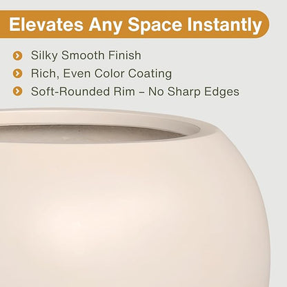 9.7" H x 12" D Globo Fiberstone Round Planter with Drainage Hole, Smooth Finishes, Weather Resistant for Indoor and Outdoor Use, Included 2 Extra Coco Mats (Kilim Beige, 7.8" Pot Opening)