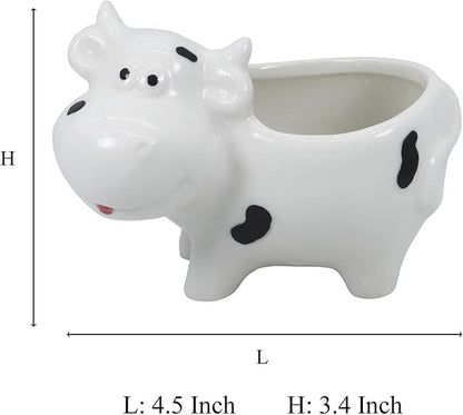 Cute Cow Succulent Planter Pot with Drainage Tray, Small White Ceramic Cactus Flower Container, Animal Shaped Indoor Air Plants Holder