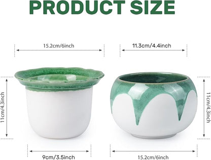 African Violet Pots, 6 Inch Self Watering Pots for Indoor Plants, Easy Plant Self Watering Planter, Ceramic Plant Pot with Absorbent Inner Pot for Flowers - Gradient Green (No Plants)