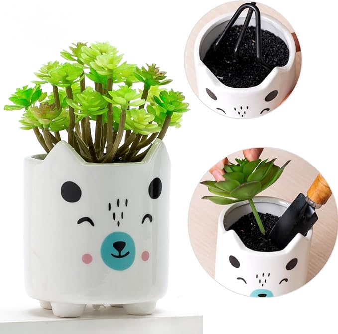 B SEPOR Set of 6 4.25inch Small Ceramic Animal Succulent Planter Porcelain Pots for Baby Succulant with Drainage and Bamboo Tray for Window Sill(Squatting Cats)