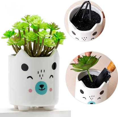 B SEPOR Set of 6 4.25inch Small Ceramic Animal Succulent Planter Porcelain Pots for Baby Succulant with Drainage and Bamboo Tray for Window Sill(Squatting Cats)