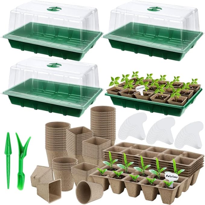 4 Pack Seed Starter Tray Set Plants Growing Trays Peat Pots for Seedlings with Seed Starter Pots, Plastic Germination Tray, Plant Labels, Tool for Flower Vegetable Planting, Green