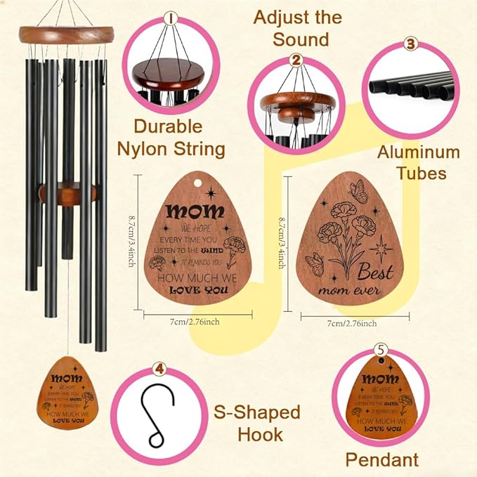 Memorial Wind Chimes for Outdoor, Mother Theme Metal Windchime with Carnation & Butterfly Design, Sympathy Gift, Garden Patio Decor