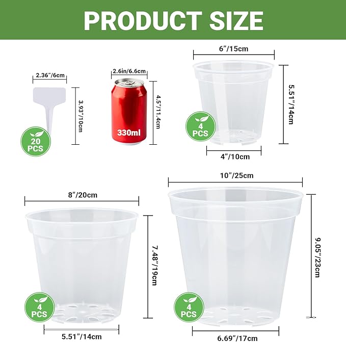 GREANER Clear Pots for Plants, 6/8/10 Inch Orchid Pots with Holes and 20 Pcs Plant Labels for Indoor Outdoor Planters(12 Packs)