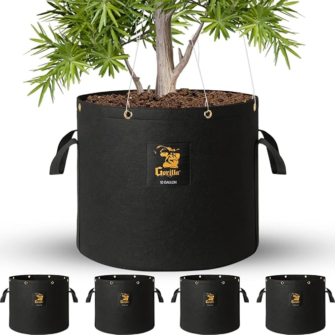 Gorilla 10 Gallon Grow Bags with Reinforced Handles – Thickest 600g, Breathable, BPA-Free Fabric Pot for Garden or Outdoor Planter Use, Promotes Root Health & Drainage – 4-Pack