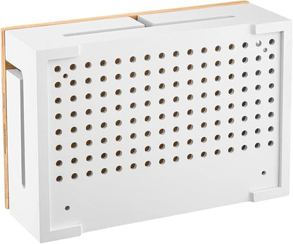 Bamboo Cable Management Box with Magnetic Lid - 12,6x7,9x4.3 in - Durable Cable Organizer to Hide Cords & Power Strip - Wall Mountable - Including Hardware - for Home, Office, Desk & More (White)