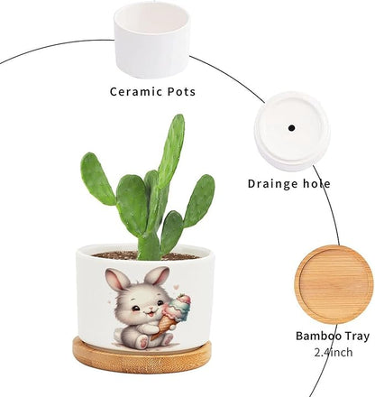 DreamAutumn Cute Easter Bunny Ceramic Pots for Plants with Drainage Holes Round Flower Pot Bamboo Tray Orchid Pot Succulents Pots for Outdoor Indoor Plants